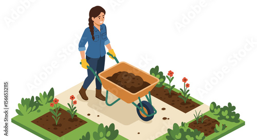 Gardening activity vector illustration with woman and wheelbarrow in flat design for posters