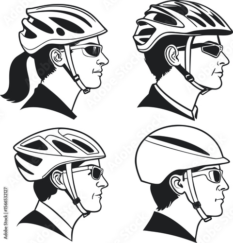 Cycling Safety Ensemble: Outlines showcasing the various styles of head protection for cyclists, emphasizing the importance of safety.