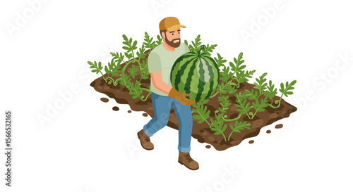 Farmer harvesting watermelon from garden bed in isometric vector illustration for agricultural design