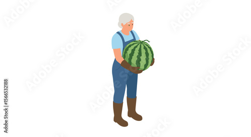 Elderly woman with watermelon in garden vector illustration for farm design