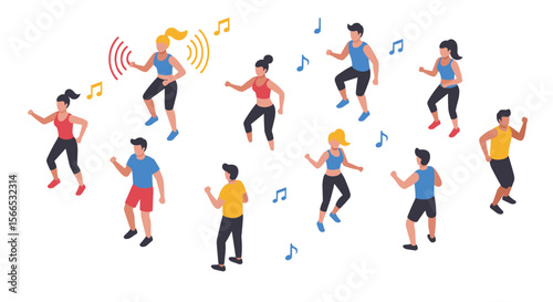 Isometric vector illustration of people engaging in aerobic dance for fitness and fun