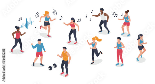 Isometric vector illustration of group fitness activity with diverse people exercising to music for fitness program design