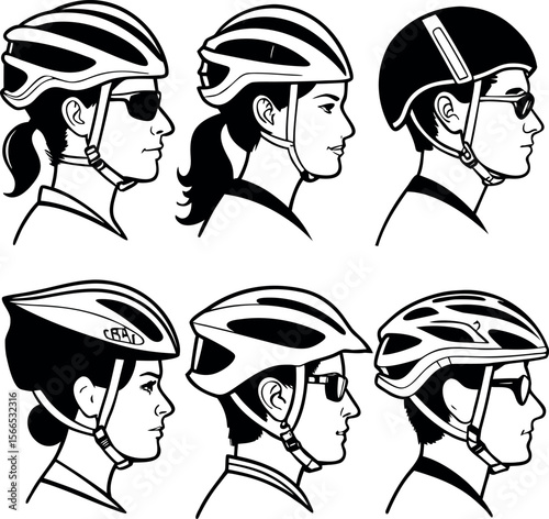 Heads in Helmets: Six figures wearing helmets are standing side profile each showing a different type of protection with style and safety