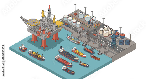 Isometric offshore oil rig and port vector illustration for industrial design