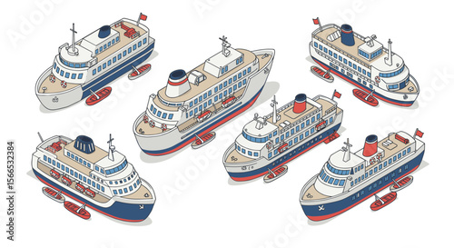 Isometric vector illustration of passenger ferries with life rafts - design for nautical themed projects