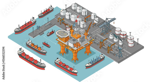 Isometric offshore oil rig and industrial port vector illustration for design projects