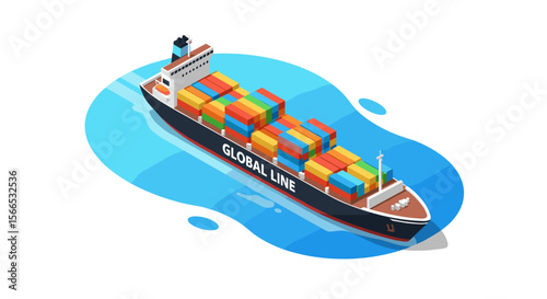 Isometric cargo ship vector illustration for global shipping and logistics design