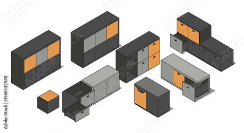 Isometric vector illustration of modular storage furniture design for interior spaces