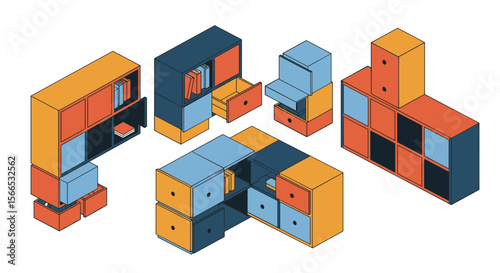 Isometric colorful storage furniture vector illustration for interior design concepts