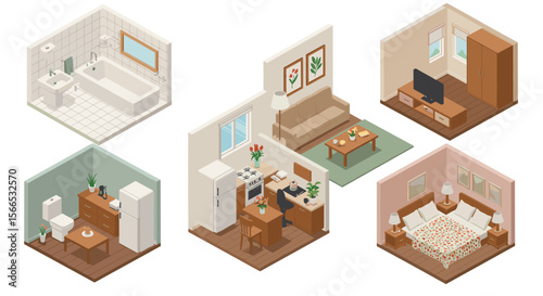 Home interior vector illustration: isometric room design for decor and planning