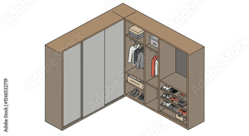 Isometric vector illustration of corner wardrobe design for closet organization and home storage solutions