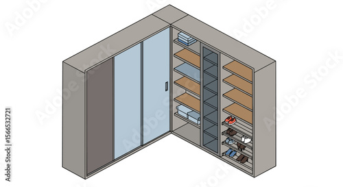 Isometric vector illustration of a modern wardrobe design with shelves and sliding door