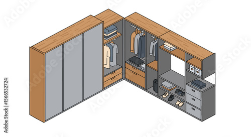 Isometric vector illustration of modern wardrobe closet with clothes and accessories