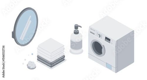 Isometric vector illustration of laundry room essentials with washing machine and soap for home design