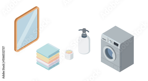 Isometric vector illustration of laundry room essentials with washing machine and cleaning supplies
