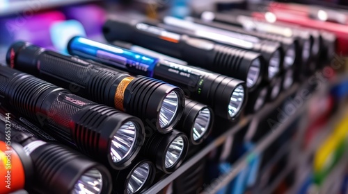 Assorted Flashlights Displayed in a Store for Outdoor Enthusiasts