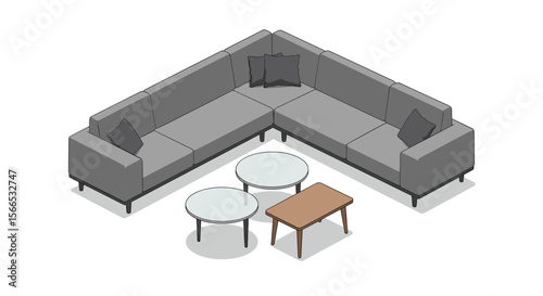Modern isometric living room vector illustration with l-shaped sofa and coffee tables for interior design