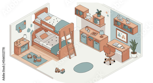 Cozy children's bedroom isometric vector illustration for interior design projects