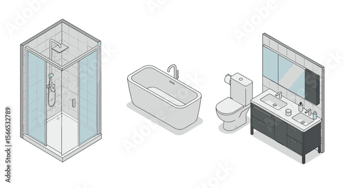 Isometric vector illustration of modern bathroom interior design with shower, bathtub, and vanity