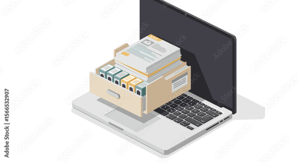 Isometric vector illustration of file management with documents drawer on laptop for digital organization design Isometric vector illustration of file management with documents drawer on laptop for digital organization design