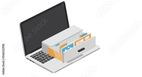 Isometric vector illustration of digital file management on laptop for office organization