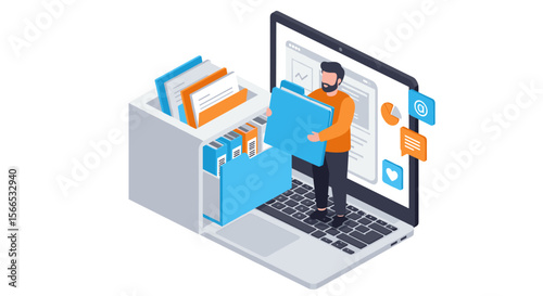 Man organizing digital files on laptop vector illustration with folder icons, suitable for office management and technology themes in isometric style