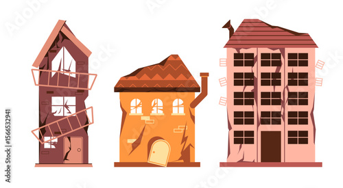 Old damaged dilapidated houses cracked walls broken windows collapsing roofs and structural damage representing abandonment destruction