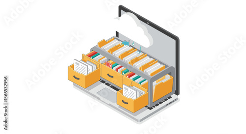 Isometric cloud storage concept vector illustration for digital file management and organization
