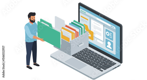 Isometric data management concept vector illustration: man organizing files on laptop for digital organization and security