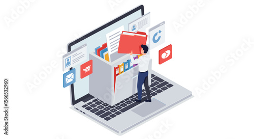 Digital file management vector illustration: organizing documents and data for efficient storage in a digital workspace