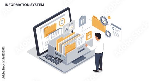 Information system management vector illustration in isometric design for data organization and security concepts