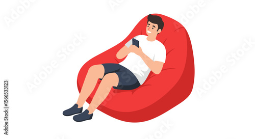 Relaxed young man using smartphone on red bean bag chair vector illustration