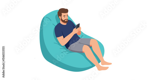 Relaxed man using smartphone on bean bag vector illustration for digital lifestyle design
