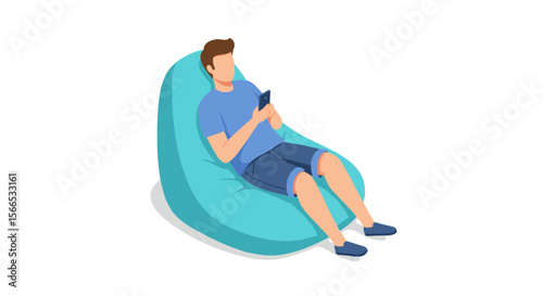 Isometric vector illustration of relaxed man using smartphone on blue bean bag for lifestyle design