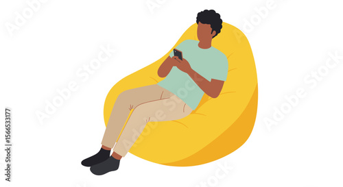 Relaxed young adult sitting on yellow bean bag using smartphone vector illustration