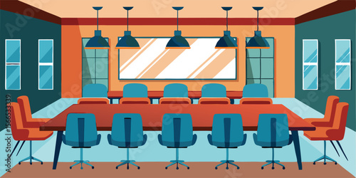 An illustration of a meeting room with chairs and a projector screen.