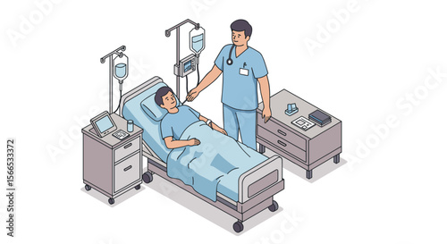 Healthcare worker assisting patient in hospital room vector illustration - isometric medical design for educational material
