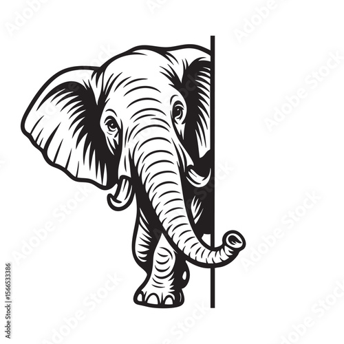 Vector of grand outline of an elephant peeking from the side, showcasing its majestic face and trunk.
