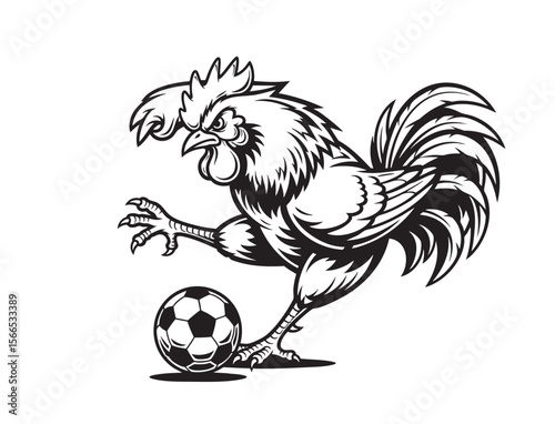 Dynamic outline illustration of a rooster vigorously kicking a soccer ball, perfect for sports or farm themes.