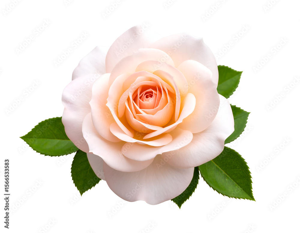 Fototapeta premium An elegant blooming rose with gentle peach-toned petals and lush green foliage captures natural beauty.