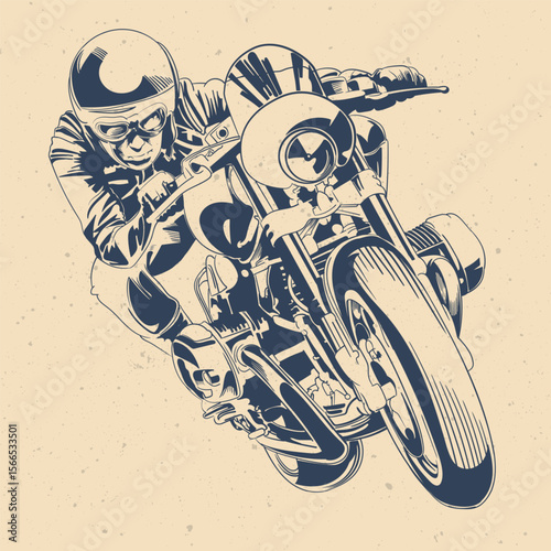 Retro Vintage Motorcycle Racer Illustration – Biker in Helmet and Goggles Leaning Aggressively on Classic Custom Bike, Monochrome Hand Drawn Art