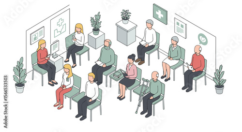 Isometric vector illustration of people in a waiting room setting for healthcare posters and designs