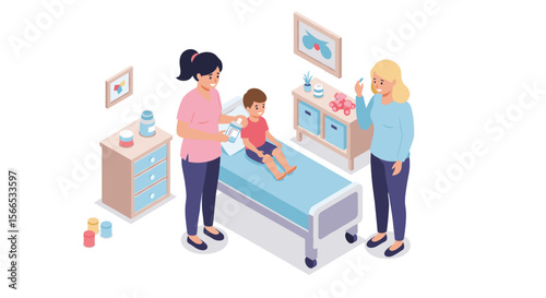 Isometric vector illustration of child's medical check-up in pediatric clinic
