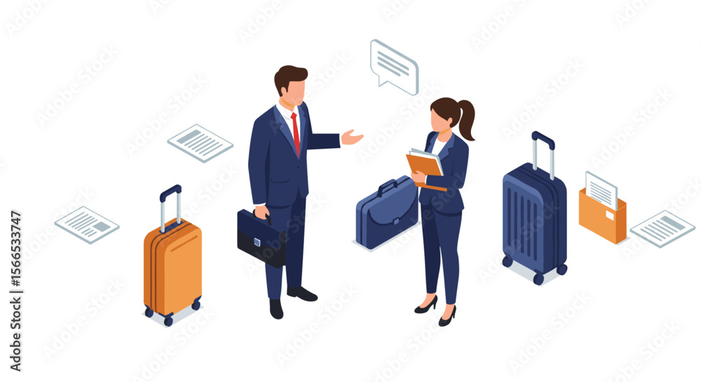 Obraz premium Business travel meeting vector illustration in isometric style for corporate design