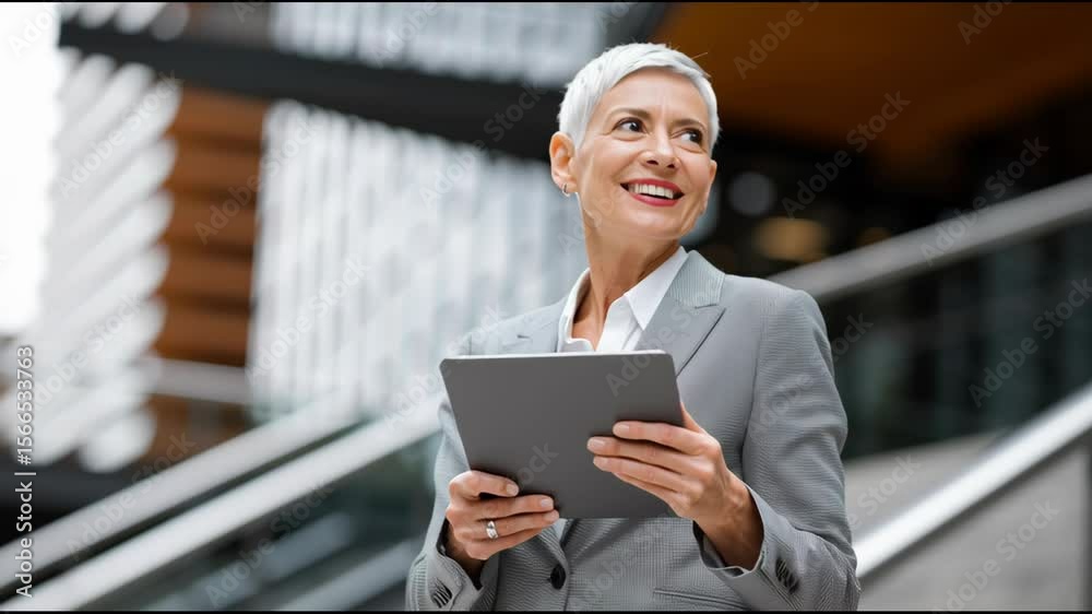 Smiling confident mature businessman holding tab computer technology looking away at copy space.