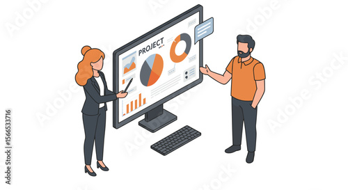 Business presentation scene with professionals discussing project data in isometric vector illustration