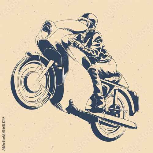 Retro Vintage Motorcycle Racer Illustration – Biker in Helmet Leaning Aggressively on Classic Faired Racing Bike, Monochrome Hand Drawn Old School Art