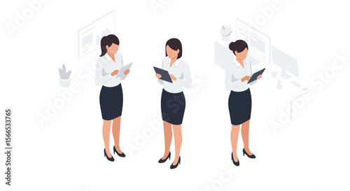 Isometric businesswomen in office setting vector illustration for design projects and presentations
