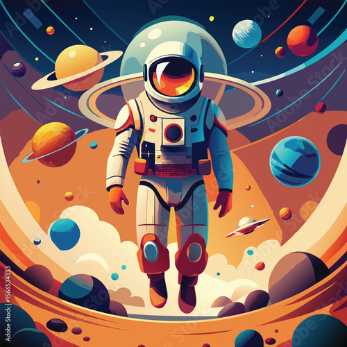 Vector art of a lone astronaut floats in space surrounded by vibrant planets and stars