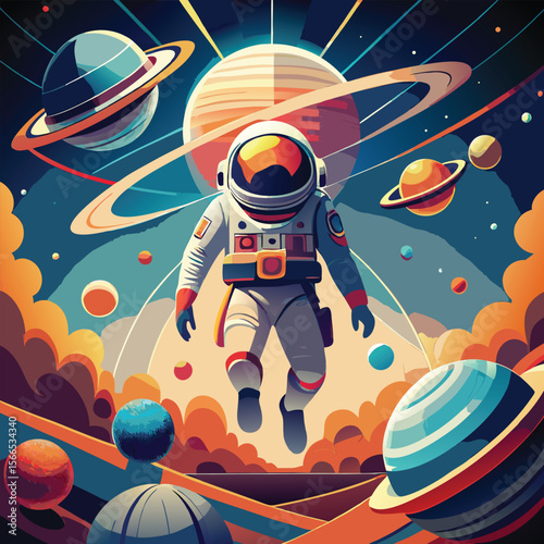 Vector art of astronaut floating in a vibrant space scene with planets and stars isolated on transparent background